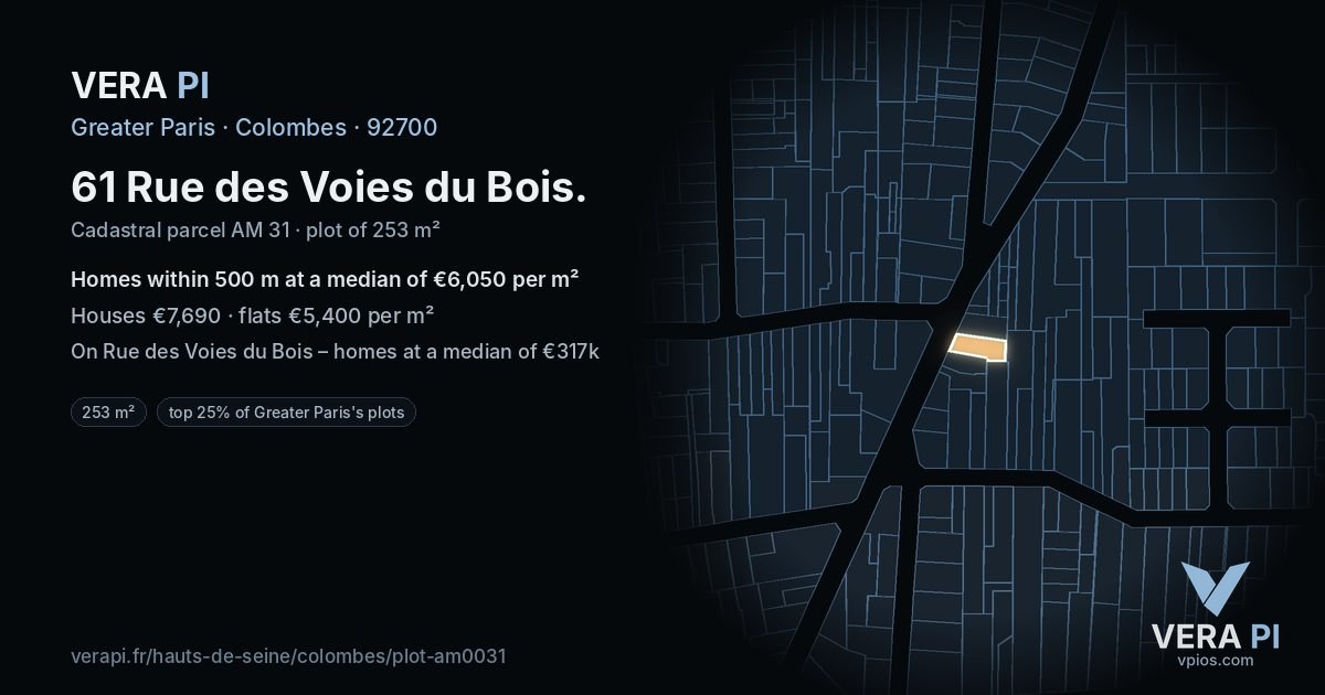 61 Rue des Voies du Bois, Colombes at night – the plot lit, the parcels around coloured by the prices near them