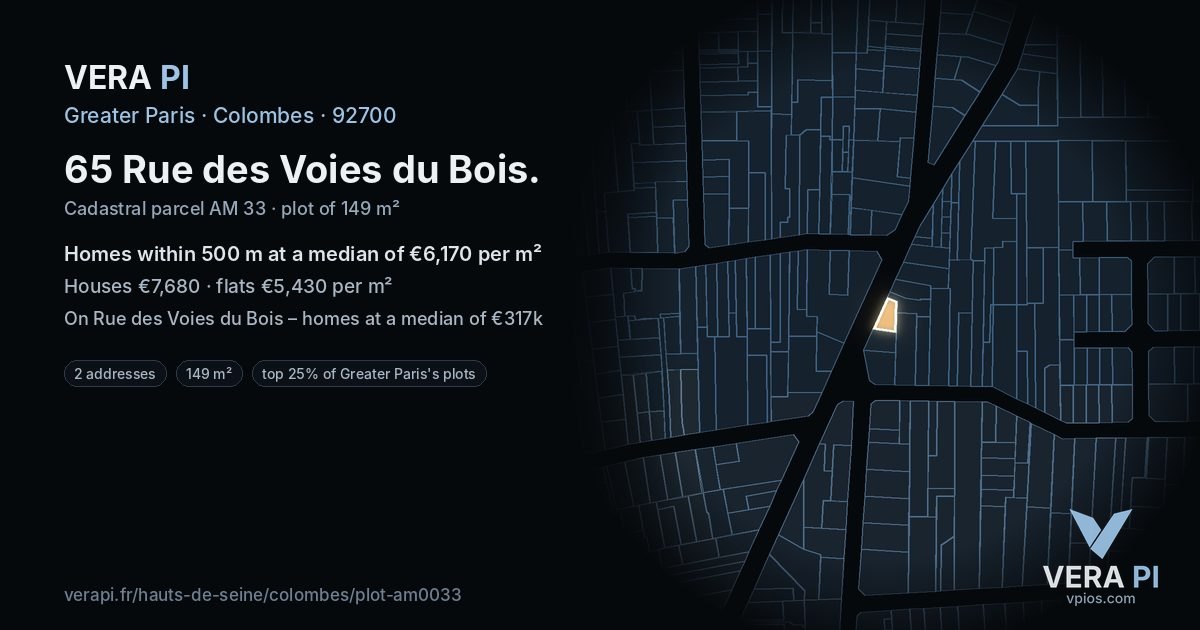 65 Rue des Voies du Bois, Colombes at night – the plot lit, the parcels around coloured by the prices near them