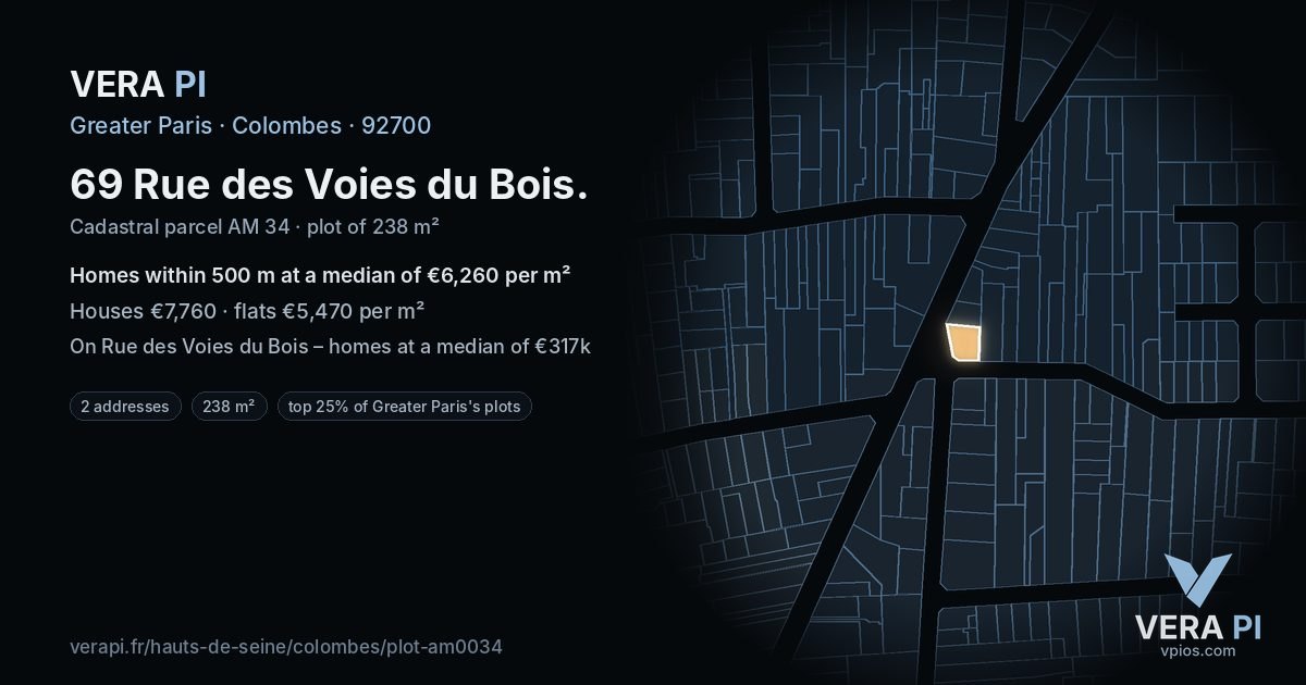 69 Rue des Voies du Bois, Colombes at night – the plot lit, the parcels around coloured by the prices near them