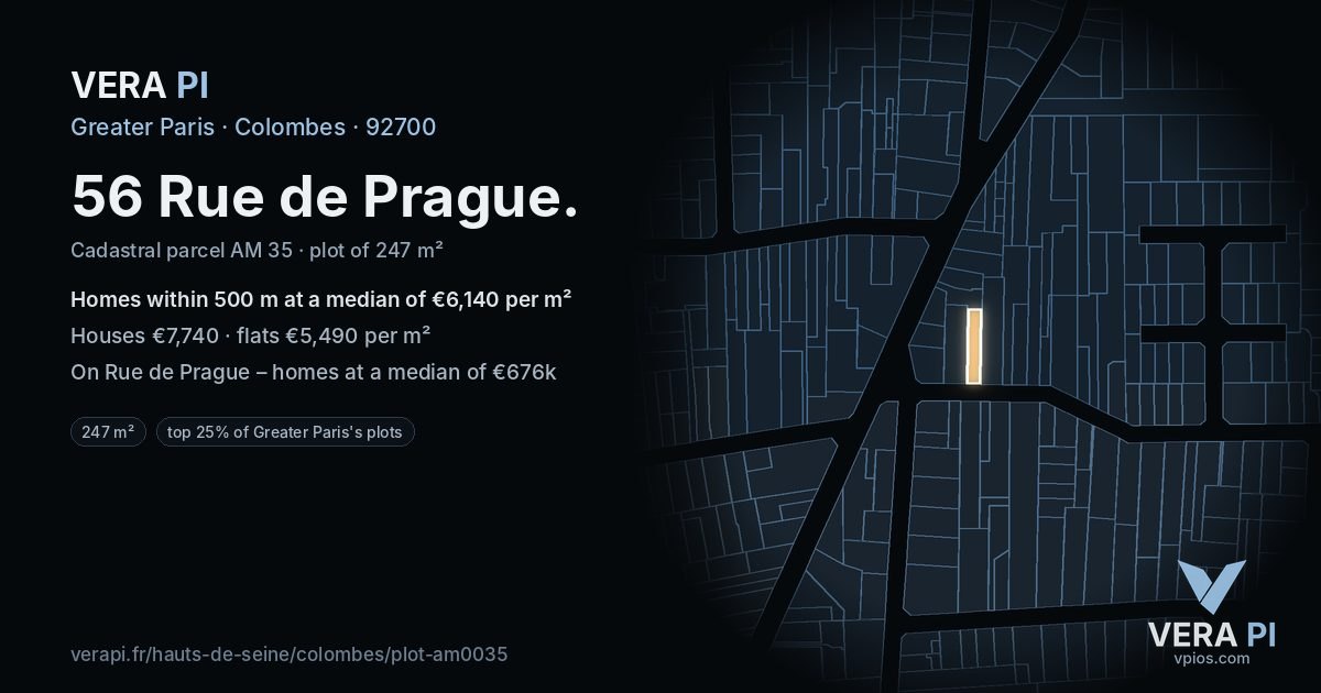 56 Rue de Prague, Colombes at night – the plot lit, the parcels around coloured by the prices near them