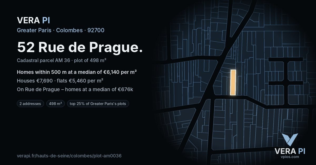 52 Rue de Prague, Colombes at night – the plot lit, the parcels around coloured by the prices near them