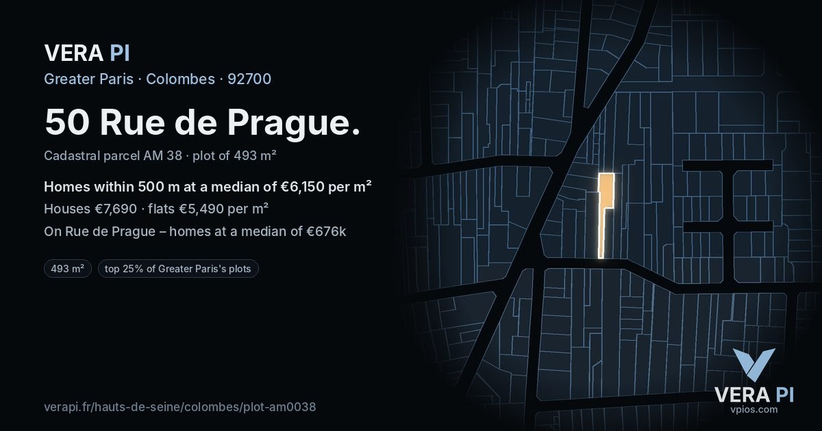 50 Rue de Prague, Colombes at night – the plot lit, the parcels around coloured by the prices near them