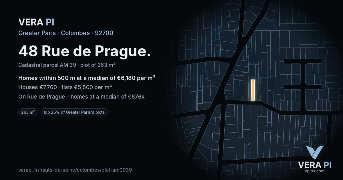 48 Rue de Prague, Colombes at night – the plot lit, the parcels around coloured by the prices near them