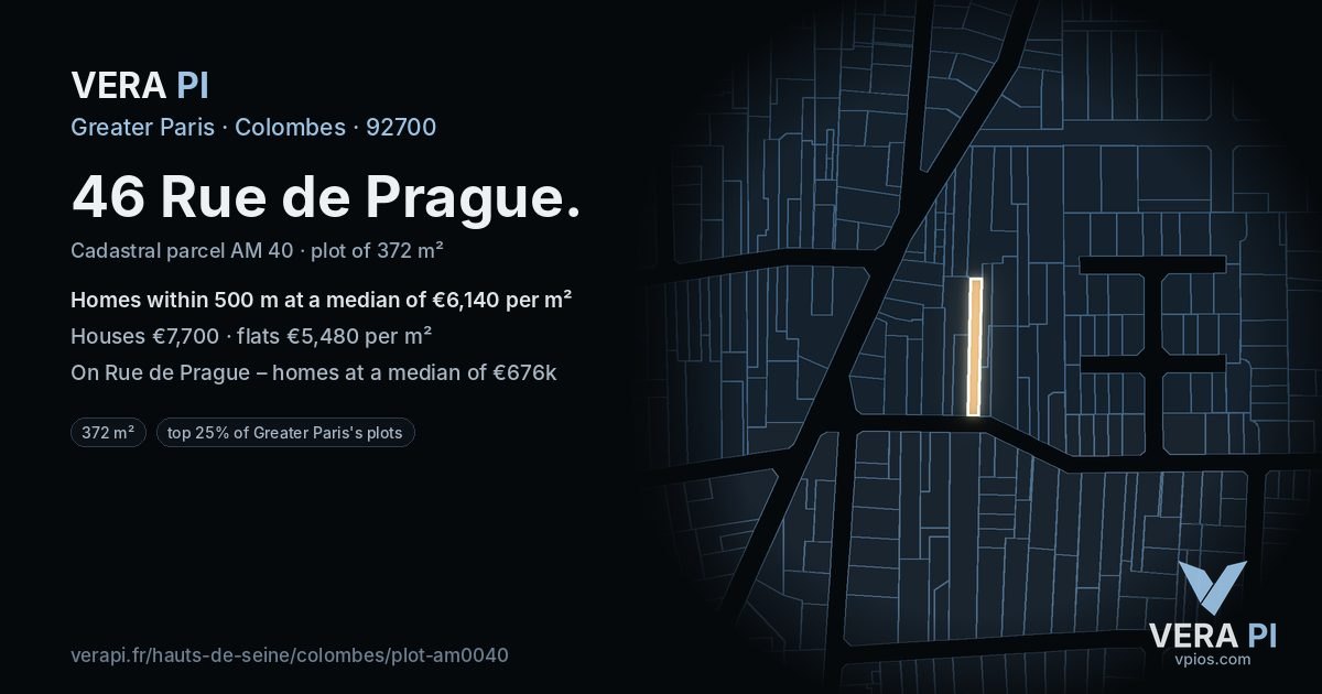 46 Rue de Prague, Colombes at night – the plot lit, the parcels around coloured by the prices near them