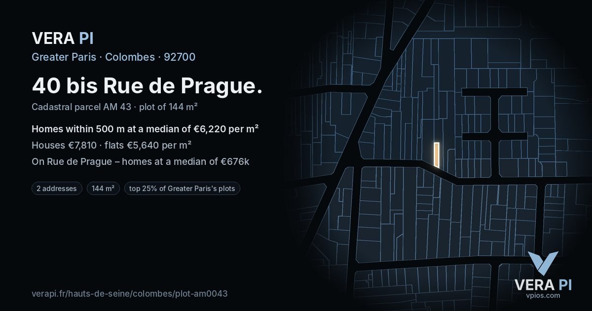 40 bis Rue de Prague, Colombes at night – the plot lit, the parcels around coloured by the prices near them