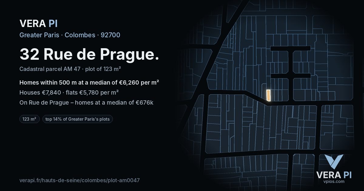 32 Rue de Prague, Colombes at night – the plot lit, the parcels around coloured by the prices near them