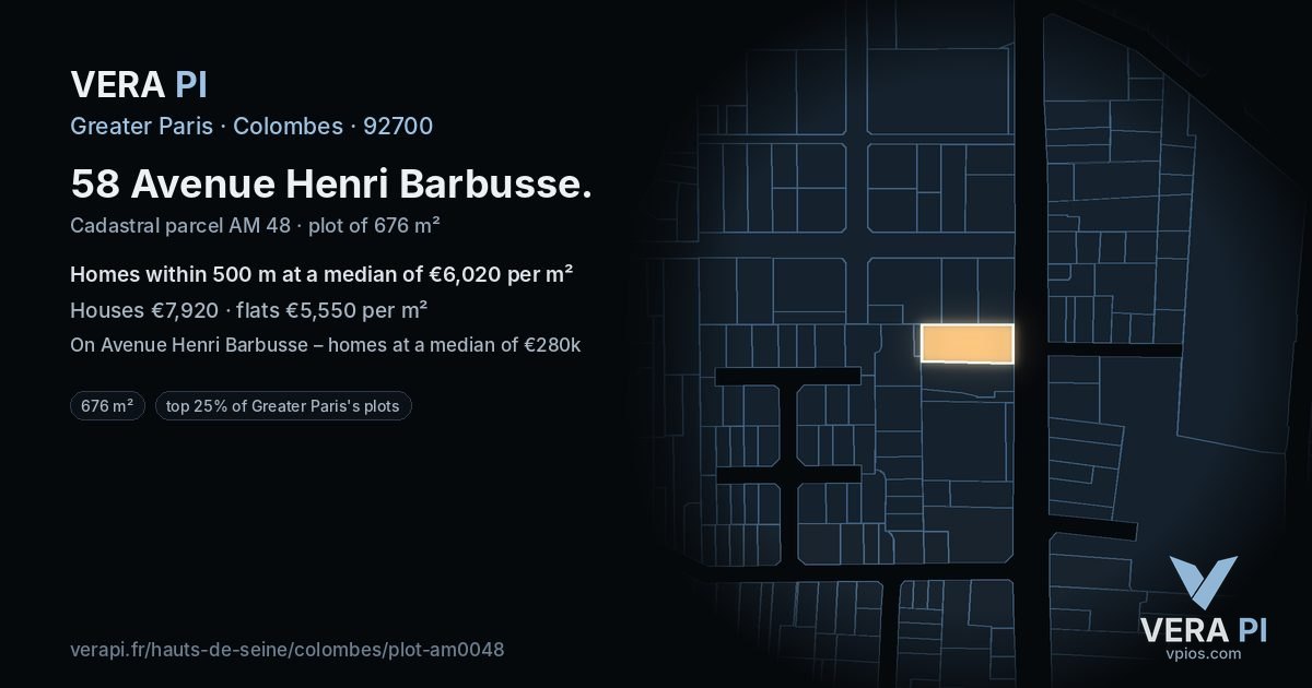 58 Avenue Henri Barbusse, Colombes at night – the plot lit, the parcels around coloured by the prices near them