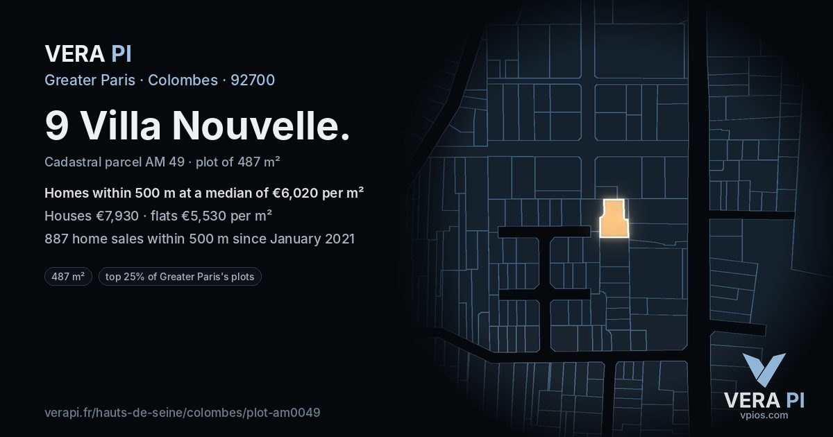 9 Villa Nouvelle, Colombes at night – the plot lit, the parcels around coloured by the prices near them