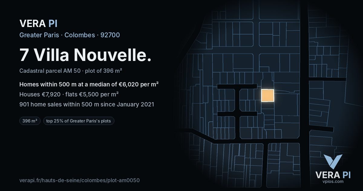 7 Villa Nouvelle, Colombes at night – the plot lit, the parcels around coloured by the prices near them