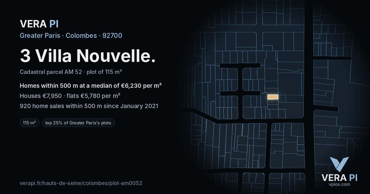 3 Villa Nouvelle, Colombes at night – the plot lit, the parcels around coloured by the prices near them