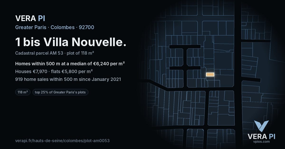 1 bis Villa Nouvelle, Colombes at night – the plot lit, the parcels around coloured by the prices near them