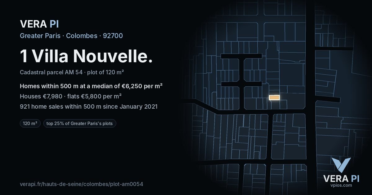 1 Villa Nouvelle, Colombes at night – the plot lit, the parcels around coloured by the prices near them