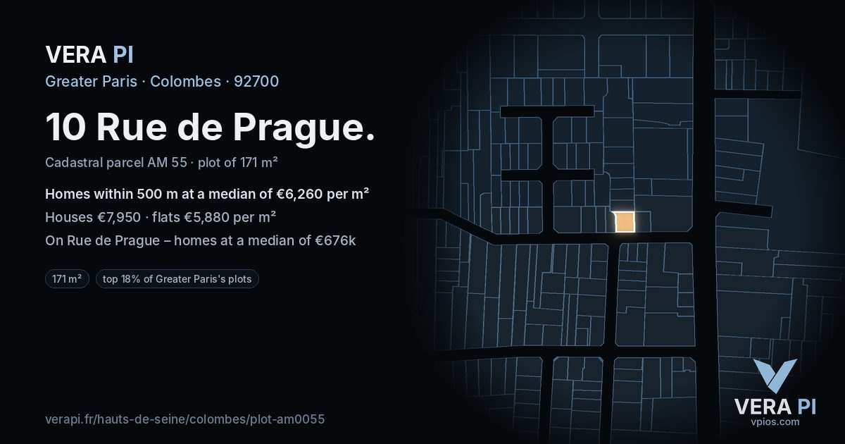 10 Rue de Prague, Colombes at night – the plot lit, the parcels around coloured by the prices near them