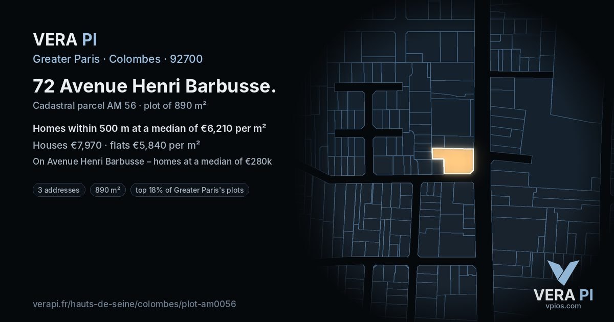 72 Avenue Henri Barbusse, Colombes at night – the plot lit, the parcels around coloured by the prices near them