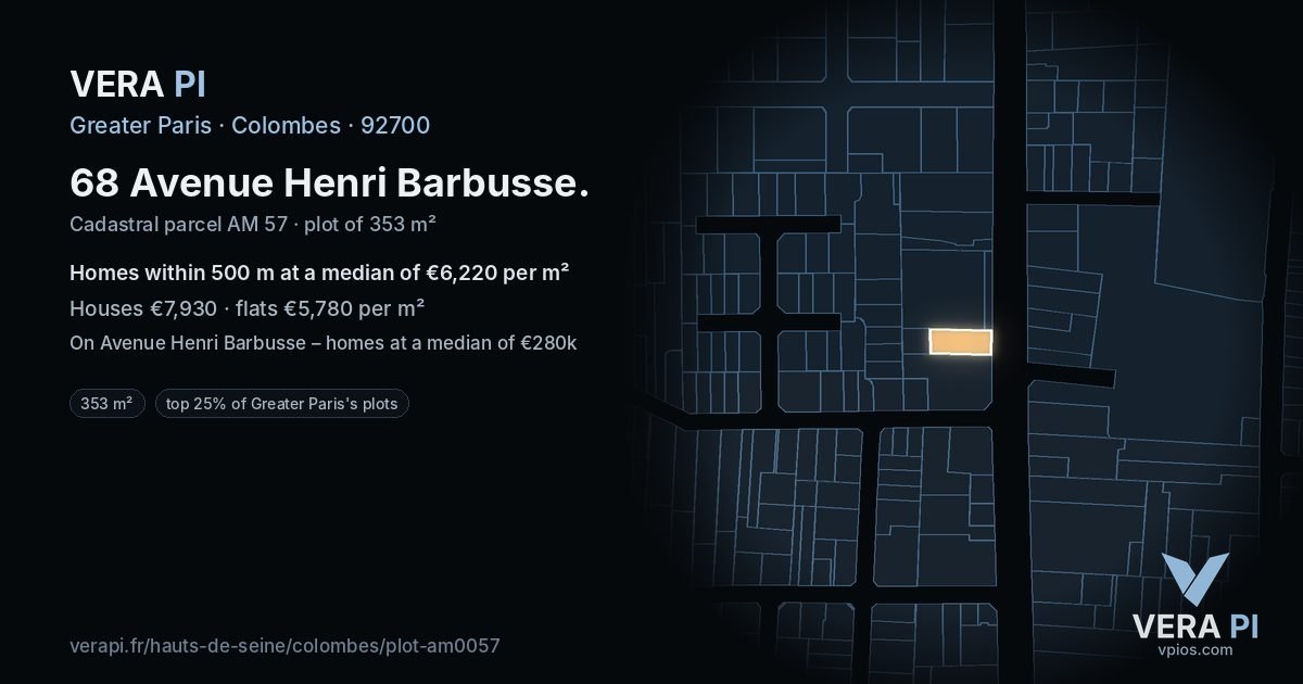 68 Avenue Henri Barbusse, Colombes at night – the plot lit, the parcels around coloured by the prices near them