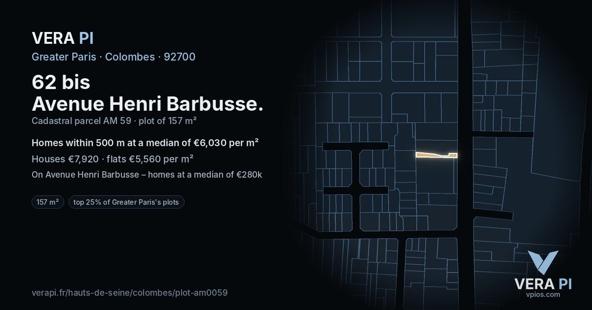 62 bis Avenue Henri Barbusse, Colombes at night – the plot lit, the parcels around coloured by the prices near them