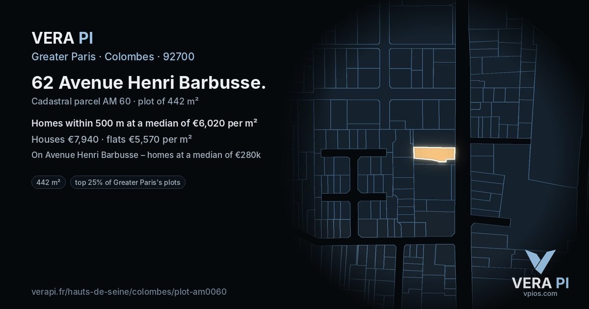 62 Avenue Henri Barbusse, Colombes at night – the plot lit, the parcels around coloured by the prices near them