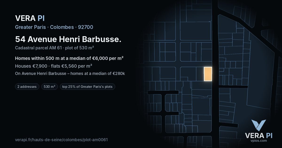 54 Avenue Henri Barbusse, Colombes at night – the plot lit, the parcels around coloured by the prices near them
