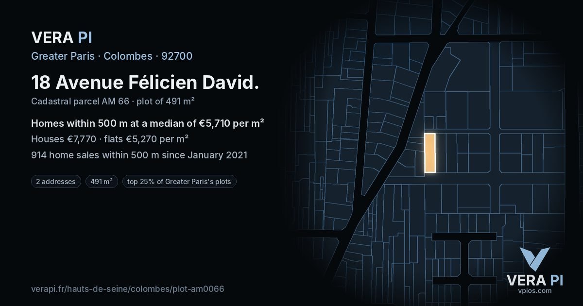 18 Avenue Félicien David, Colombes at night – the plot lit, the parcels around coloured by the prices near them