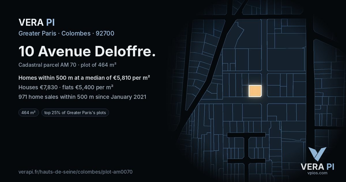 10 Avenue Deloffre, Colombes at night – the plot lit, the parcels around coloured by the prices near them