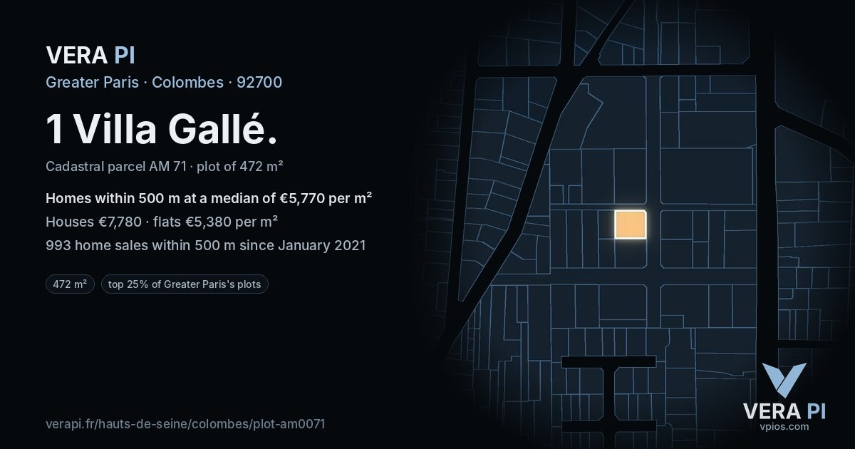 1 Villa Gallé, Colombes at night – the plot lit, the parcels around coloured by the prices near them