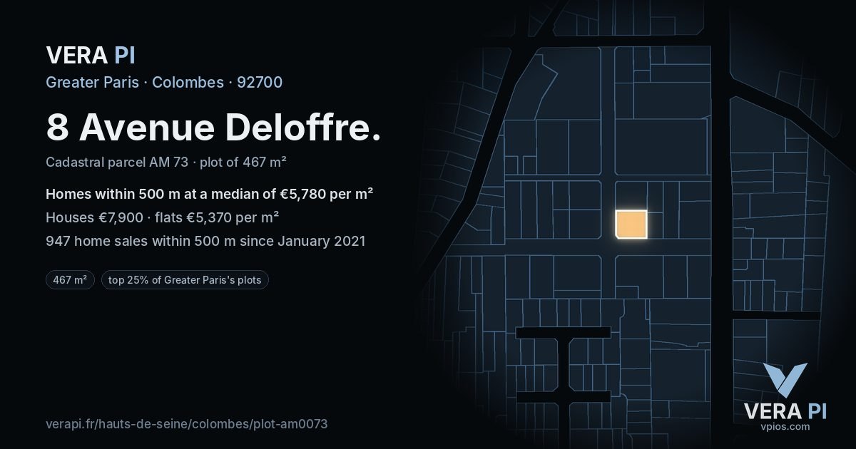 8 Avenue Deloffre, Colombes at night – the plot lit, the parcels around coloured by the prices near them