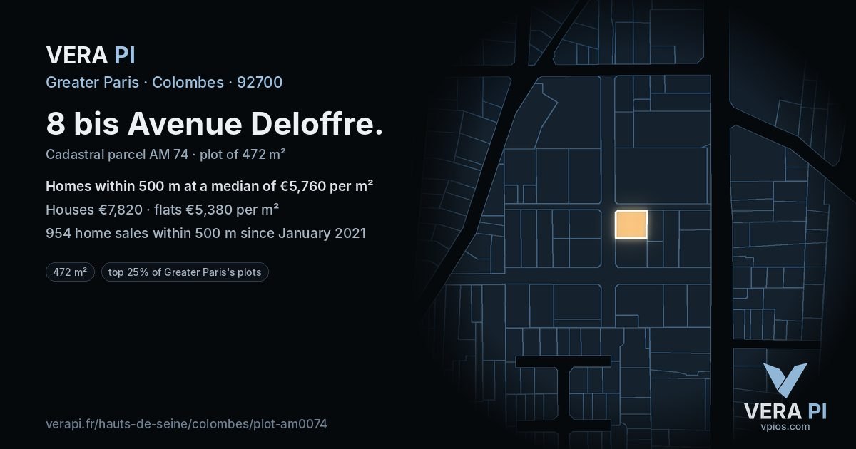 8 bis Avenue Deloffre, Colombes at night – the plot lit, the parcels around coloured by the prices near them