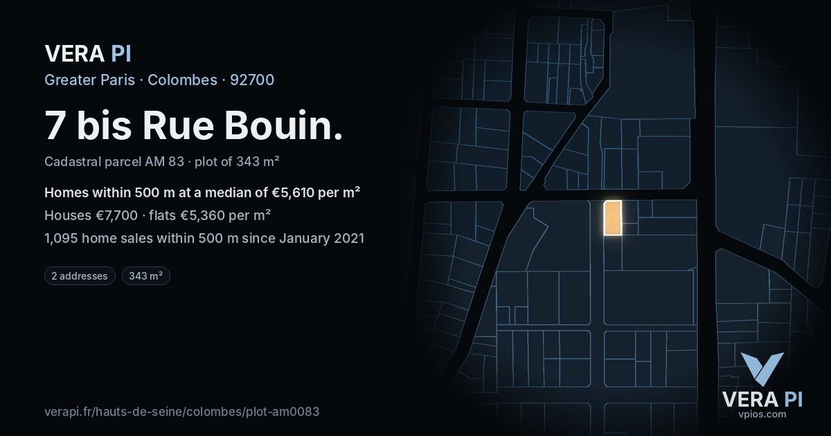 7 bis Rue Bouin, Colombes at night – the plot lit, the parcels around coloured by the prices near them