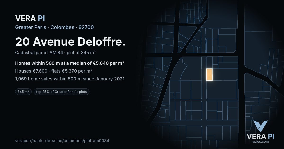 20 Avenue Deloffre, Colombes at night – the plot lit, the parcels around coloured by the prices near them