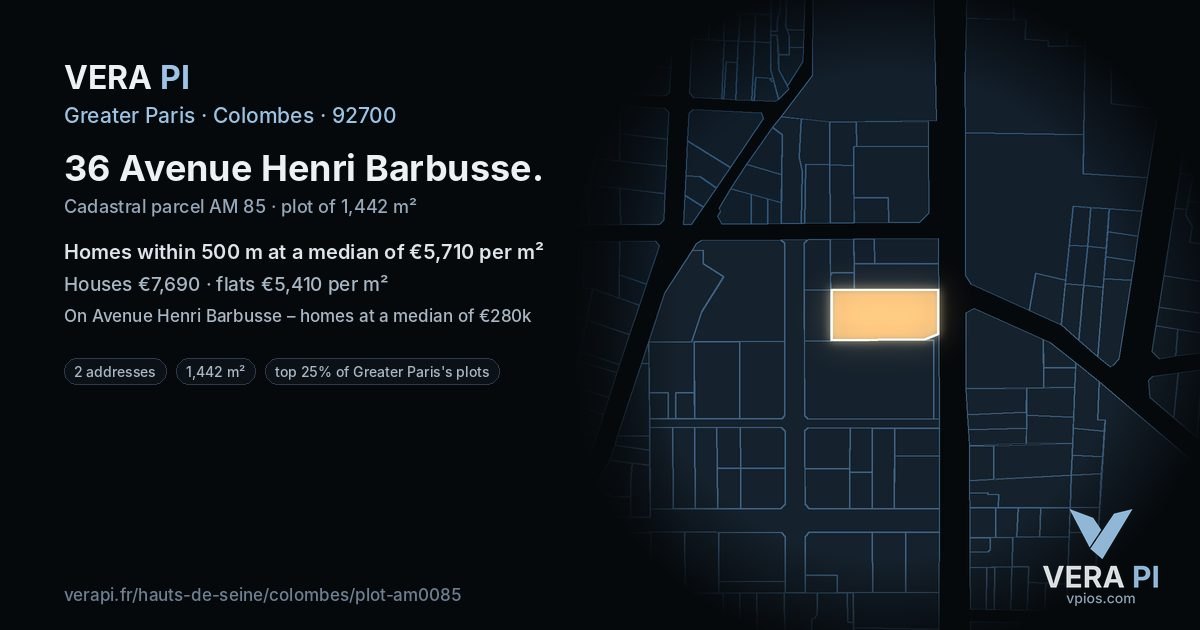 36 Avenue Henri Barbusse, Colombes at night – the plot lit, the parcels around coloured by the prices near them