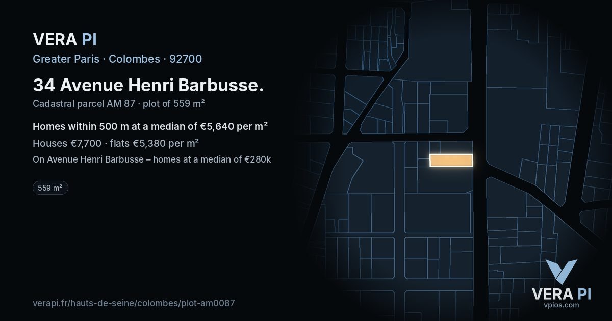 34 Avenue Henri Barbusse, Colombes at night – the plot lit, the parcels around coloured by the prices near them