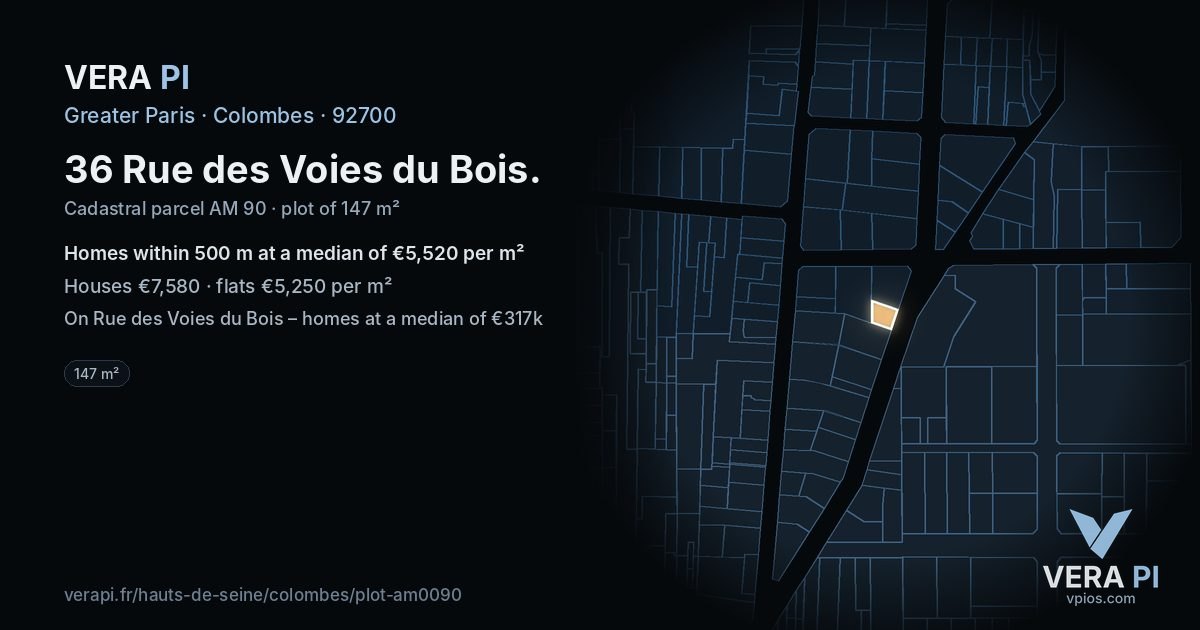 36 Rue des Voies du Bois, Colombes at night – the plot lit, the parcels around coloured by the prices near them
