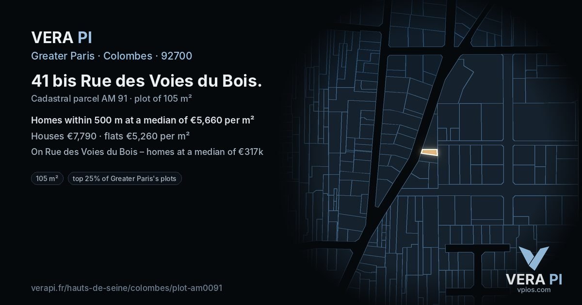 41 bis Rue des Voies du Bois, Colombes at night – the plot lit, the parcels around coloured by the prices near them