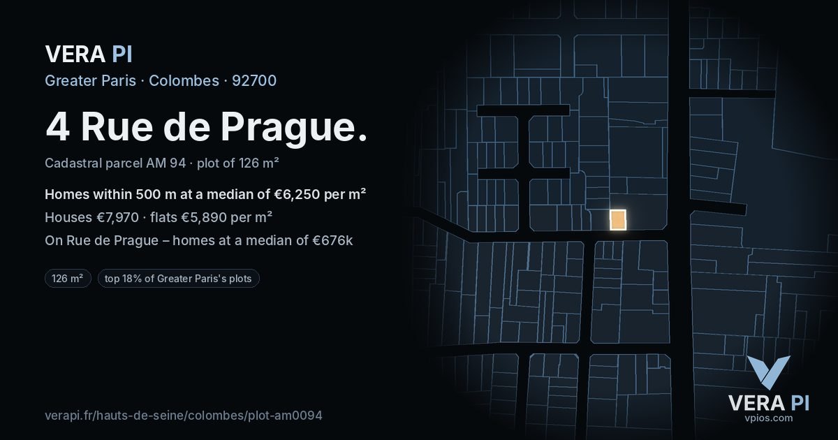 4 Rue de Prague, Colombes at night – the plot lit, the parcels around coloured by the prices near them