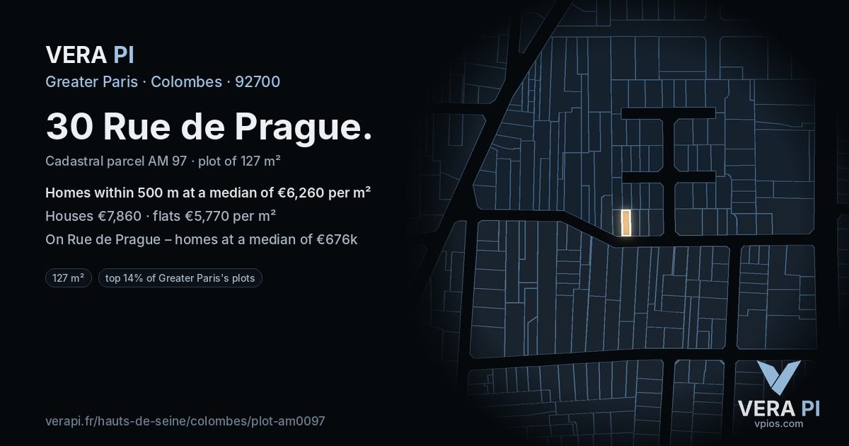 30 Rue de Prague, Colombes at night – the plot lit, the parcels around coloured by the prices near them