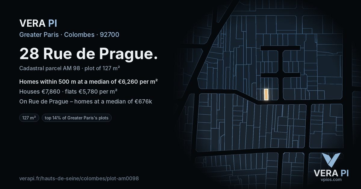 28 Rue de Prague, Colombes at night – the plot lit, the parcels around coloured by the prices near them