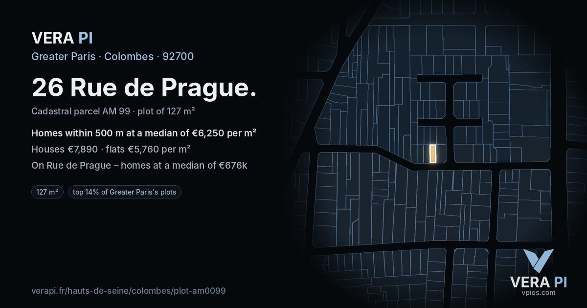 26 Rue de Prague, Colombes at night – the plot lit, the parcels around coloured by the prices near them