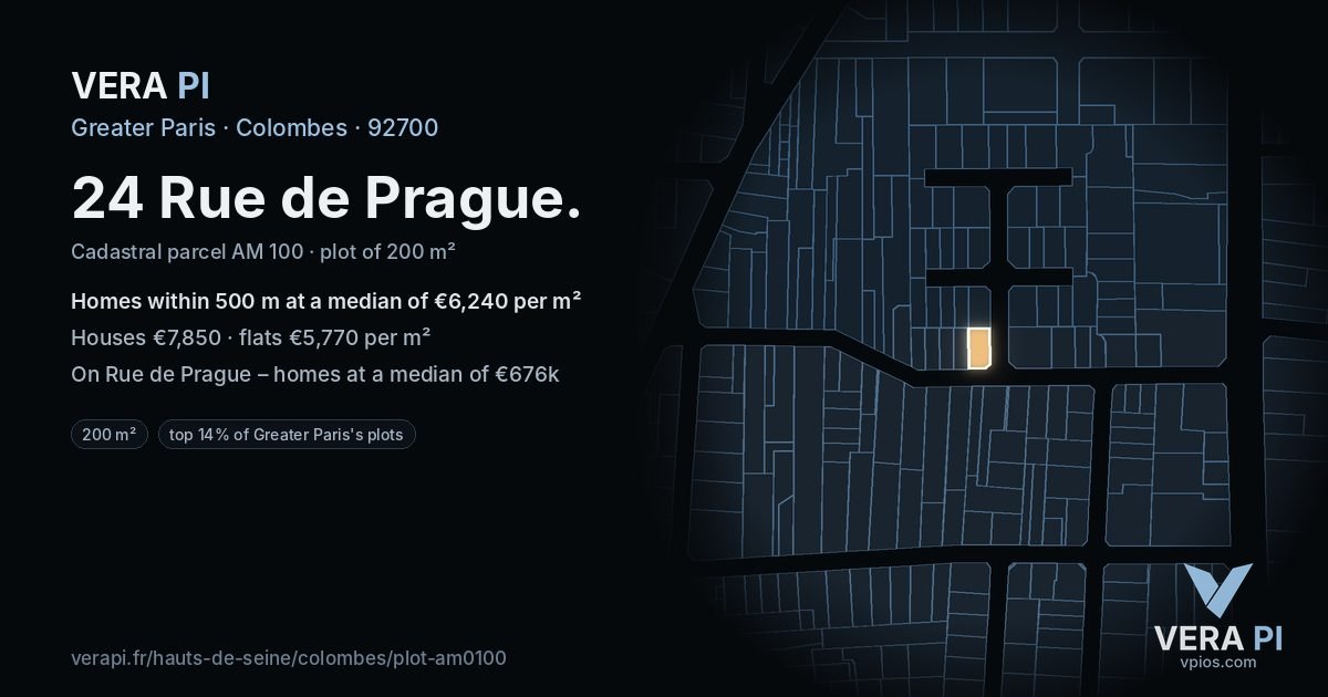 24 Rue de Prague, Colombes at night – the plot lit, the parcels around coloured by the prices near them