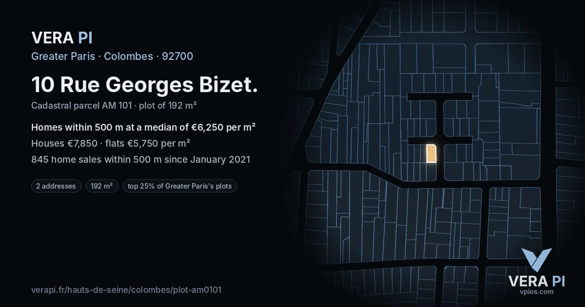 10 Rue Georges Bizet, Colombes at night – the plot lit, the parcels around coloured by the prices near them