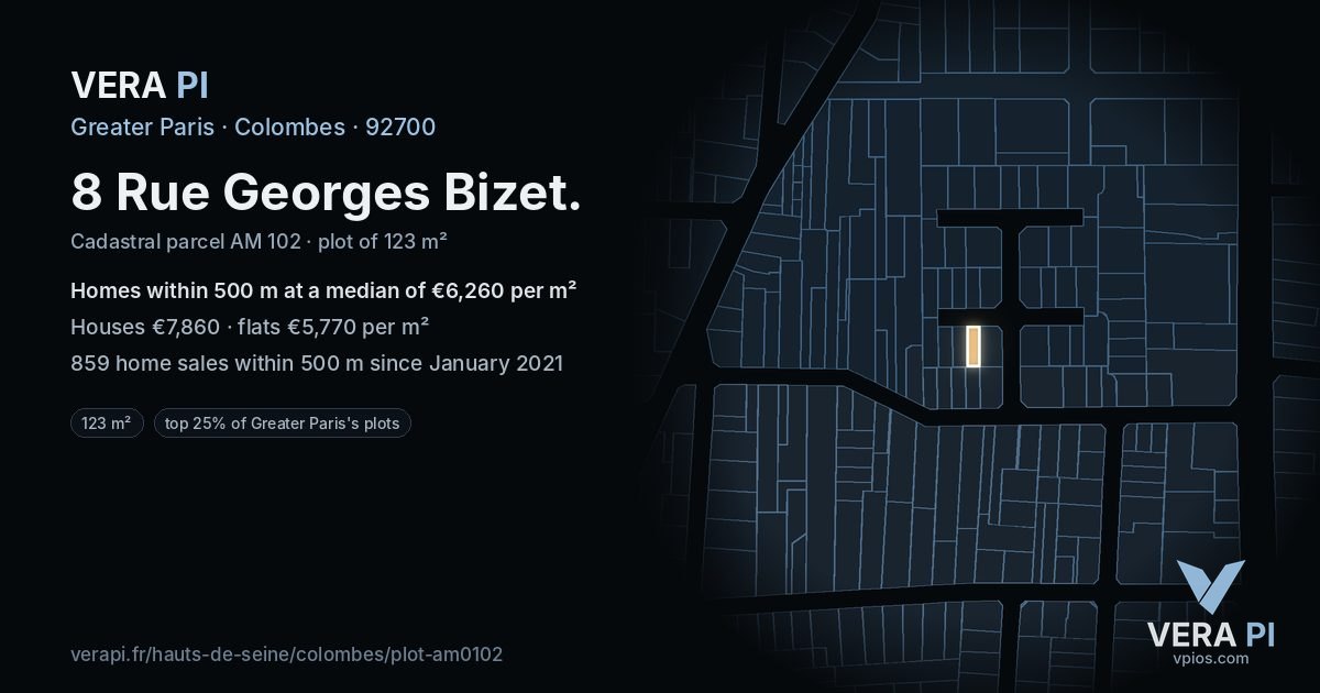 8 Rue Georges Bizet, Colombes at night – the plot lit, the parcels around coloured by the prices near them