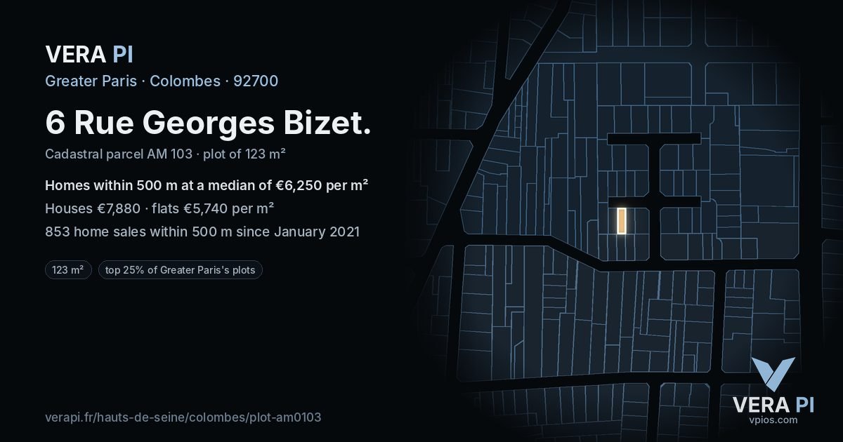 6 Rue Georges Bizet, Colombes at night – the plot lit, the parcels around coloured by the prices near them