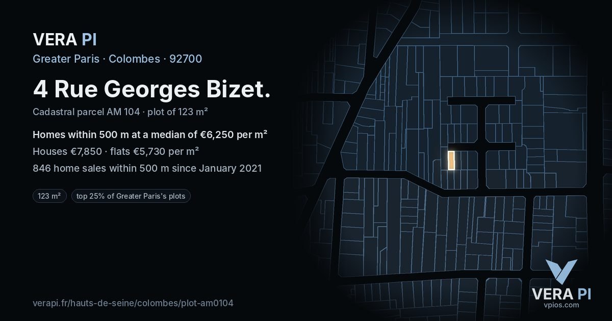 4 Rue Georges Bizet, Colombes at night – the plot lit, the parcels around coloured by the prices near them