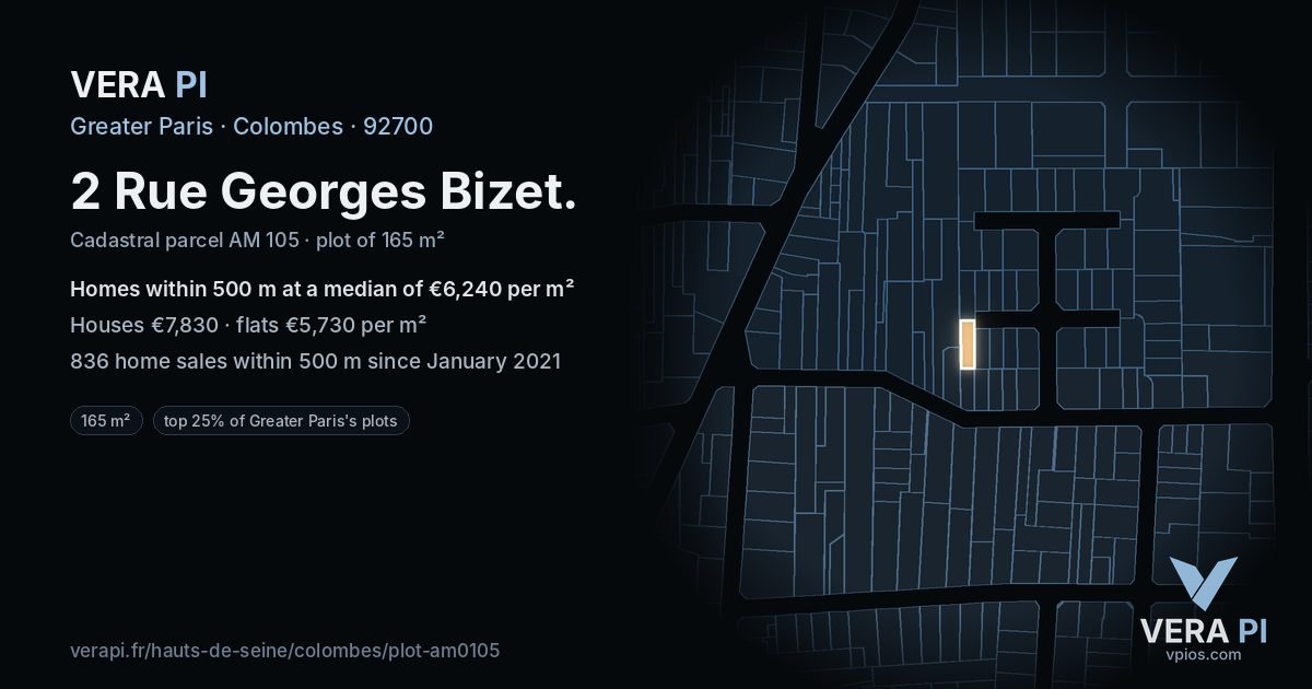 2 Rue Georges Bizet, Colombes at night – the plot lit, the parcels around coloured by the prices near them