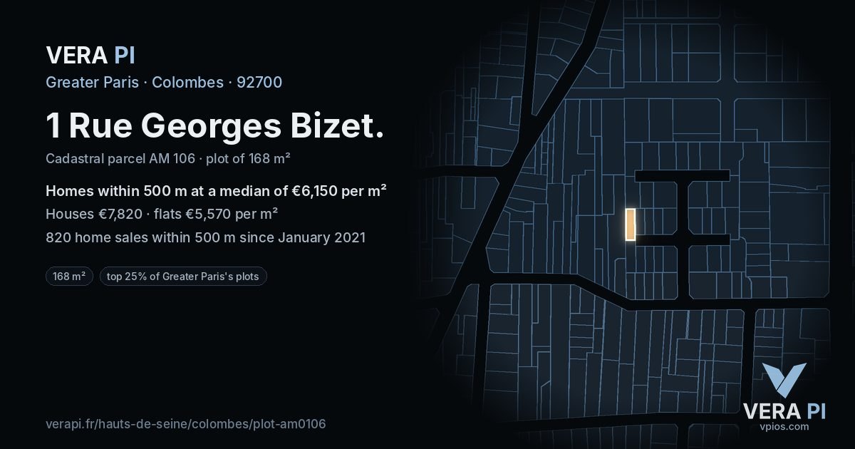 1 Rue Georges Bizet, Colombes at night – the plot lit, the parcels around coloured by the prices near them