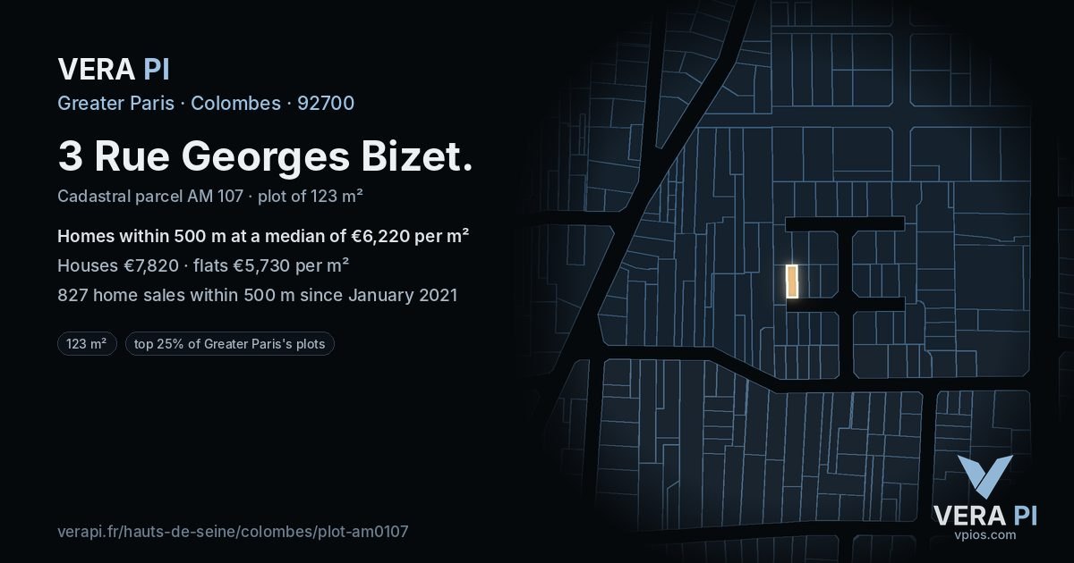 3 Rue Georges Bizet, Colombes at night – the plot lit, the parcels around coloured by the prices near them