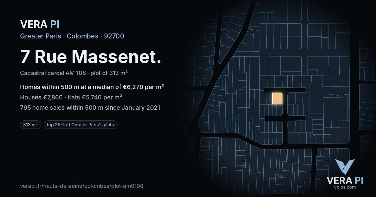 7 Rue Massenet, Colombes at night – the plot lit, the parcels around coloured by the prices near them