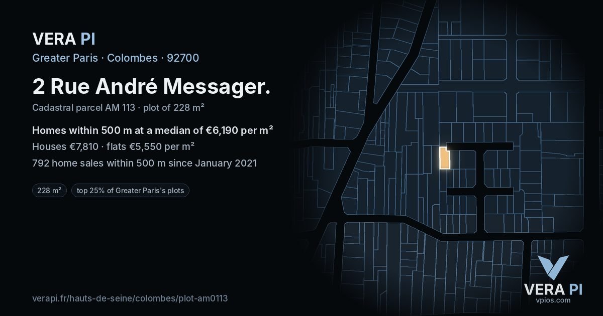 2 Rue André Messager, Colombes at night – the plot lit, the parcels around coloured by the prices near them