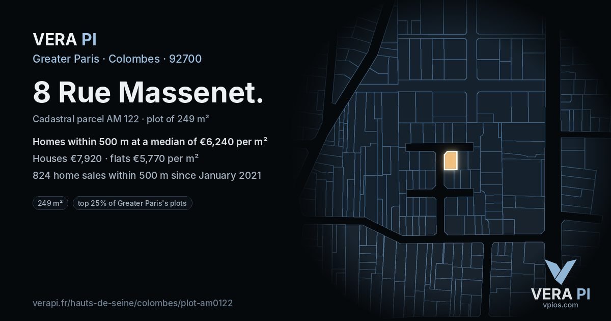 8 Rue Massenet, Colombes at night – the plot lit, the parcels around coloured by the prices near them