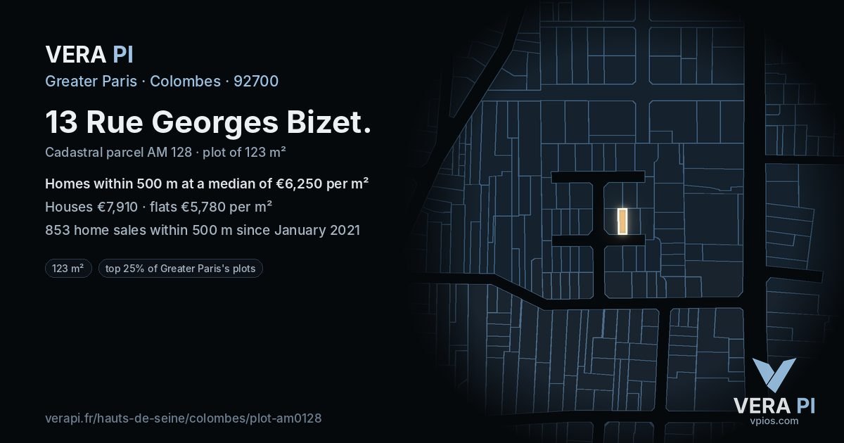 13 Rue Georges Bizet, Colombes at night – the plot lit, the parcels around coloured by the prices near them