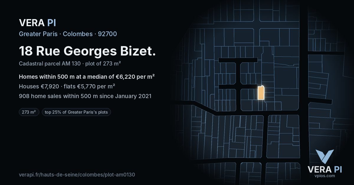 18 Rue Georges Bizet, Colombes at night – the plot lit, the parcels around coloured by the prices near them